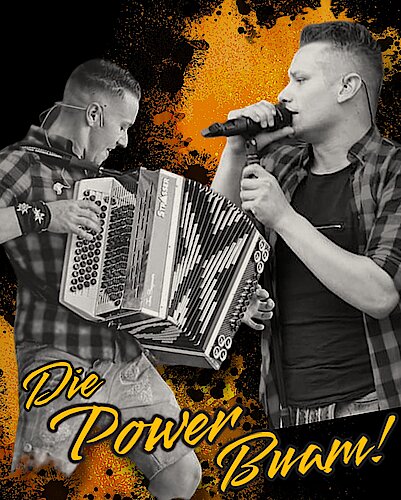 Nieuwe persfoto Die Powerbuam, schlagerartiesten accordeon 